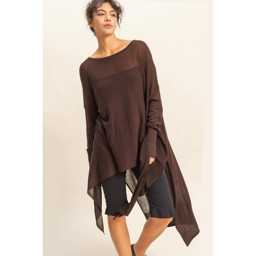 HYFVE Chocolate High Low Asymmetrical Flowy Oversized Knit Tunic